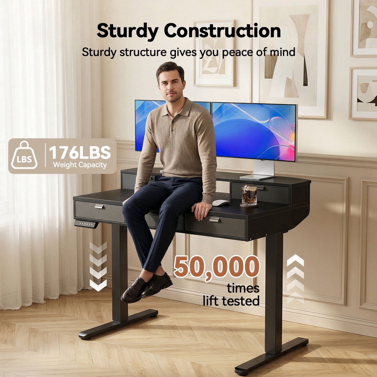 Electric Standing Desk with 5 Drawers, Monitor-Riser Design, 48" x 24" Height Adjustable Sit Stand Desk for Home Office, 4 Preset Pannel, Black