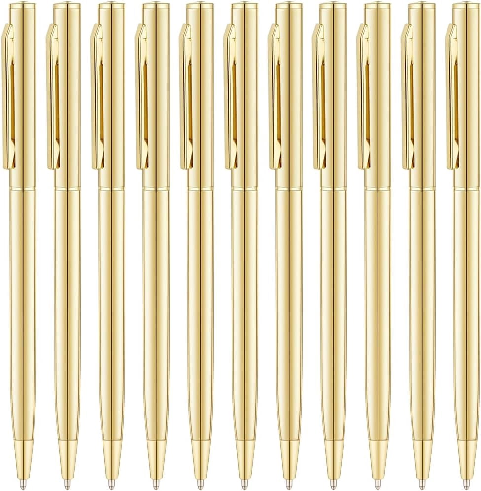 12 Pcs Gold Metal Slim Ballpoint Pens Bulk Retractable Metallic Black Ink 1 mm Medium Point Smooth Writing Pens for Wedding Business Office