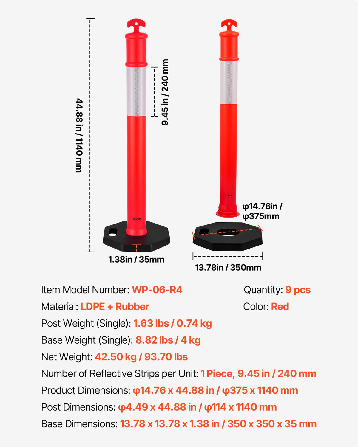 VEVOR 9 Pack Traffic Delineator Posts, 48 inches Traffic Safety Cones with Weighted Base and Reflective Strips, Heavy Duty Delineator Posts for Construction Site, Parking Lot, Crowd Control, Red