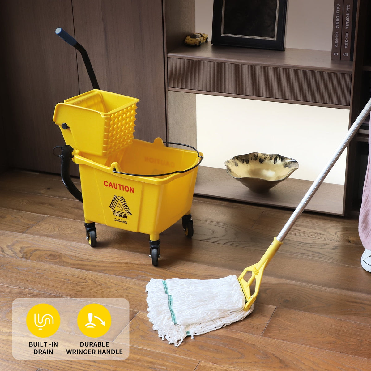 35-Qt Commercial Mop Bucket with Side Press Wringer Floor Cleaning Rectangular Mop Bucket on Wheels, Yellow, Including Mop and Mop Head Replacement