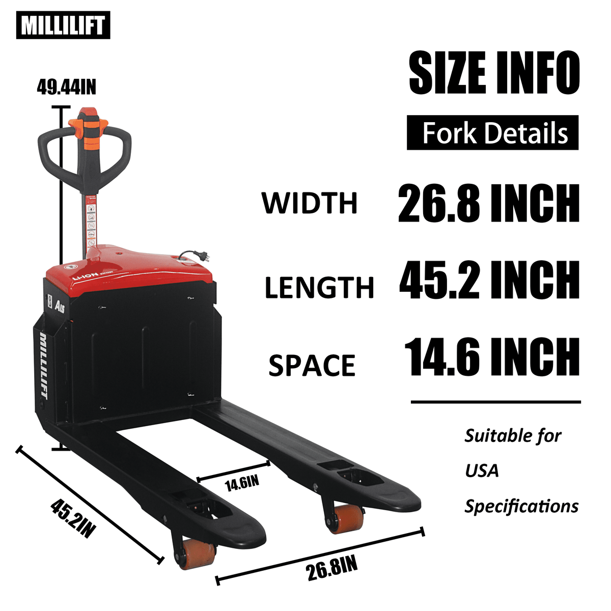 MILLILIFT CBD15-WD-I-K 3300 lb Max Weight 45 in x 27 in, Electric Pallet Truck