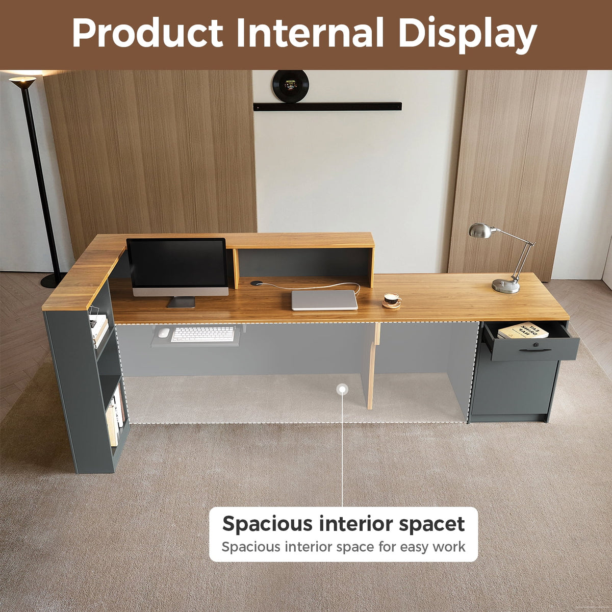 L-Shaped Reception Desk with Lockable Drawers and Storage Shelves, Multi-Functional Computer Desk for Office (Left Hand L-Shaped; Walnut & Iron Gray; 87"Lx 24"W x 41"H)