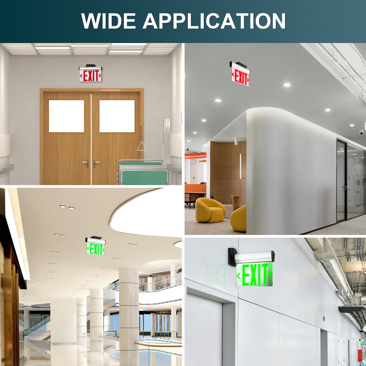 MW Lighting Green Hardwired LED Fire Exit Sign, Double Sided Aluminum & Acrylic Panel, UL Damp Rated, Top/Side/Wall Mount Canopy, Indoor Outdoor Commercial Dead End Entry Light