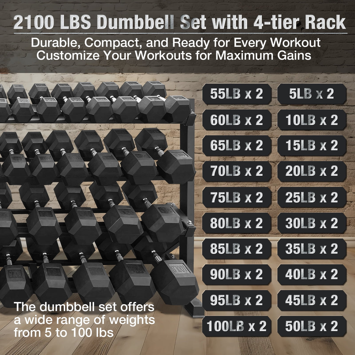 5–100 lbs Dumbbells Weight Set (20 Pairs) with Weight Storage Rack, 2100 lbs Hex Dumbbell Sets, Gyms Weights Dumbbells Sets with Rack, Weight Set for Home Gym, Strength Training