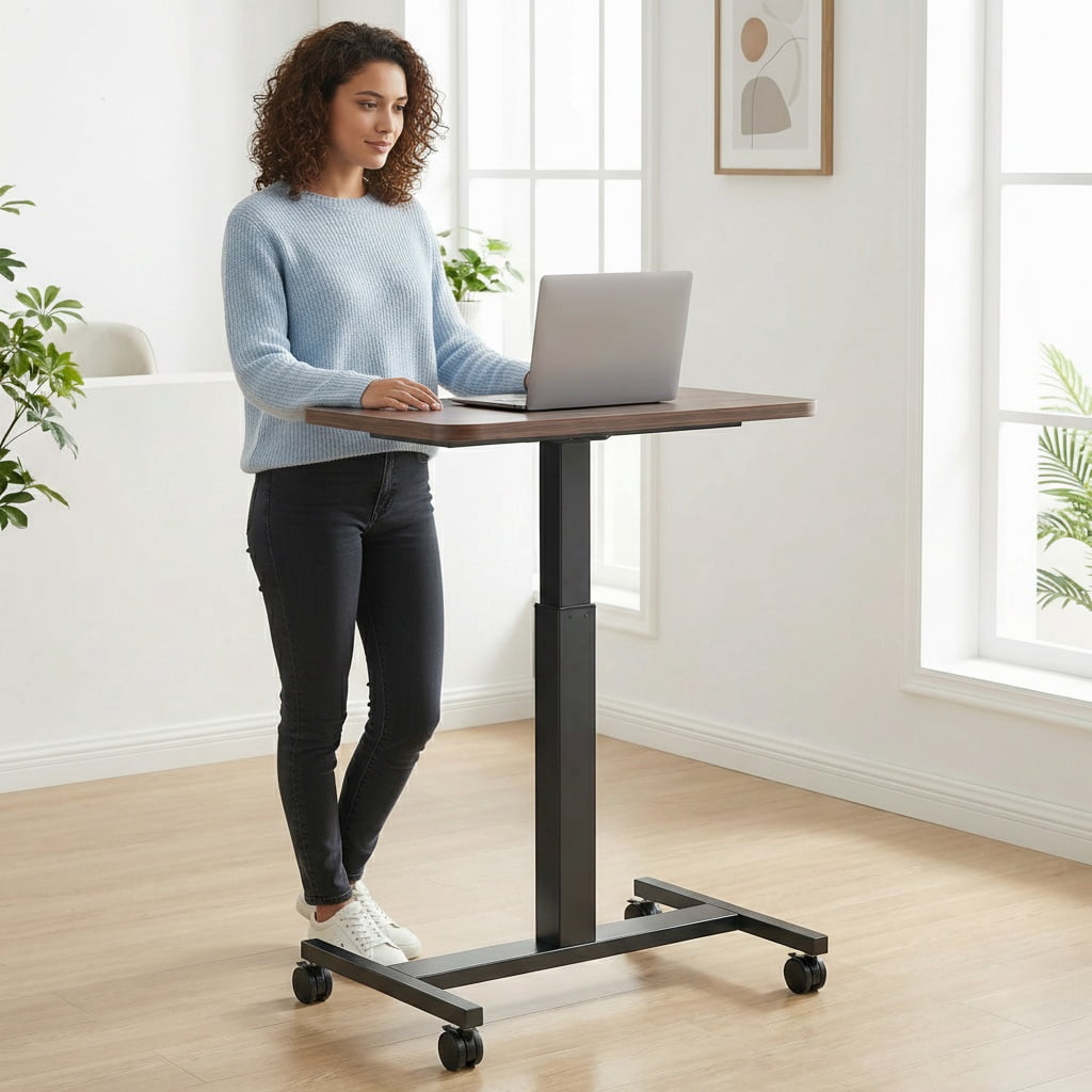 CHITOOMA Mobile Standing Desk, Height Adjustable Computer Escritorios Rolling Desk with 4 Lockable Wheels for Home Office, Walnut