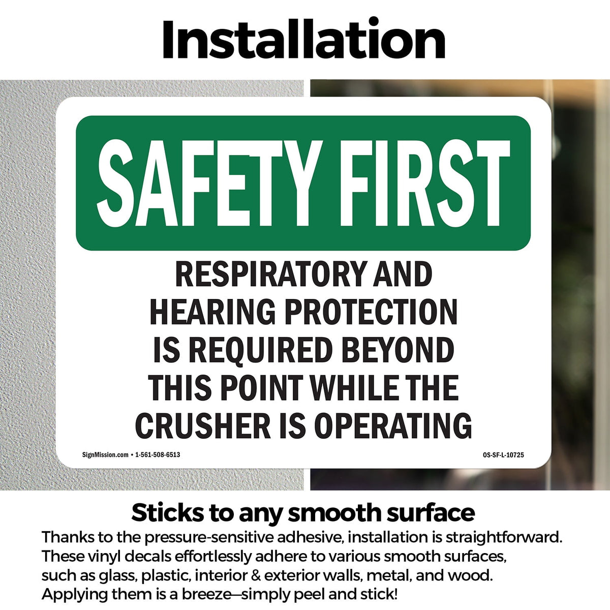Respiratory And Hearing Protection Is Required OSHA SAFETY FIRST Vinyl Decal Label 18 Inch x 12 Inch - 5 Pack