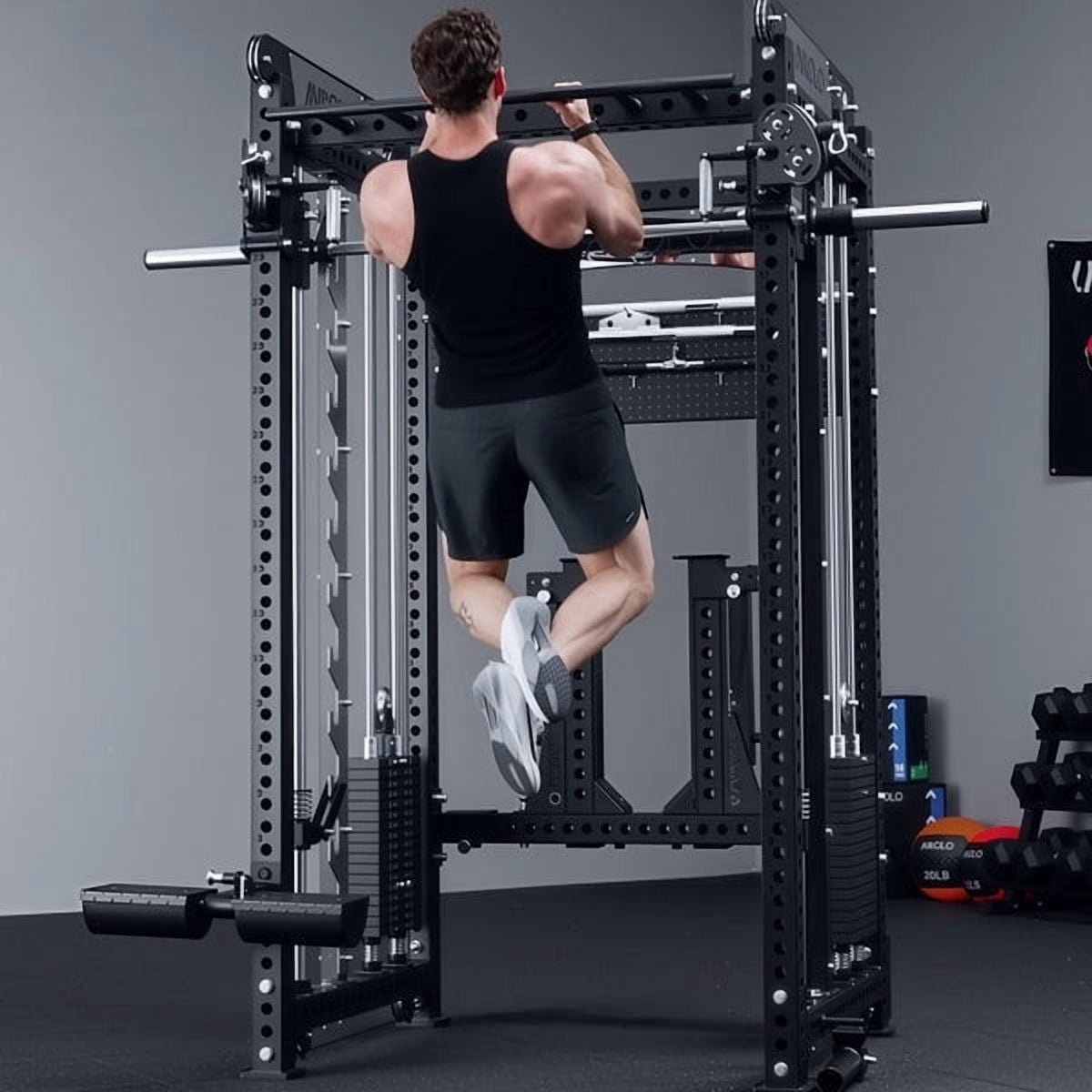 Mikolo Anubis-2.0 Smith Machine with Weight Stack, 3“×3” All-in-One Power Cage with LAT Pulldown & Cable Crossover, 3200LBS Multi-Function Trainer with Aluminum Pulley System for Fitness Home Gym