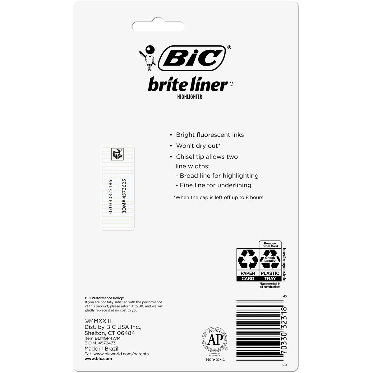 BIC Brite Liner XL Highlighter, Chisel Point, Back to School, Assorted Colors, 4-Count