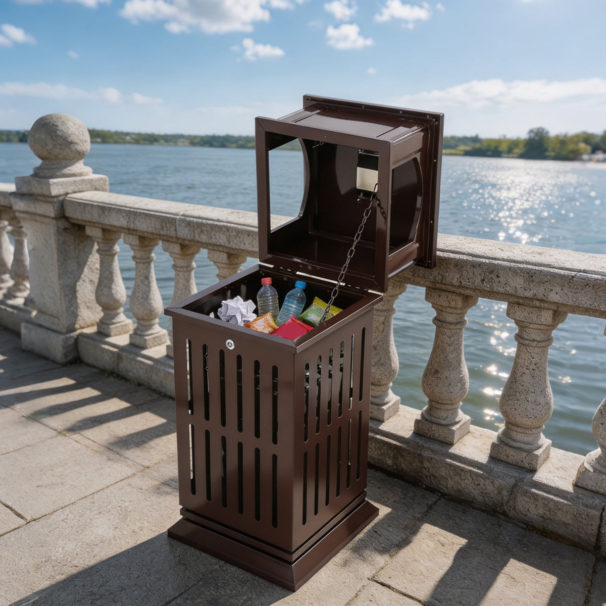 Trash Can with Lid, Large Commercial Garbage Waste for Yard Garage, Heavy Duty Industrial Waste Container (Dark Brown)