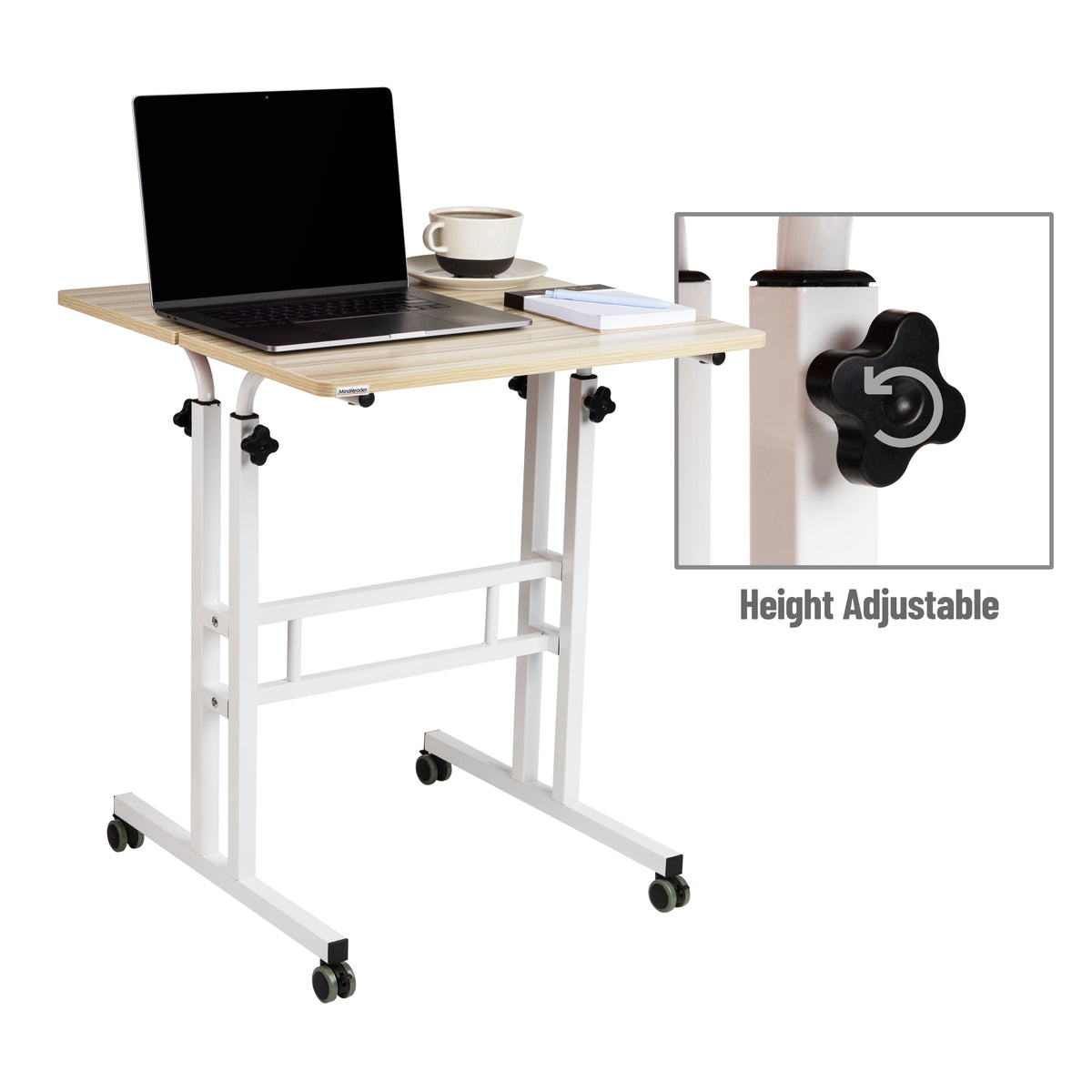 Mind Reader Standing Desk, Adjustable Height Laptop Workstation, Portable Rolling Desk on Wheels, Two-Tier Metal Frame, White