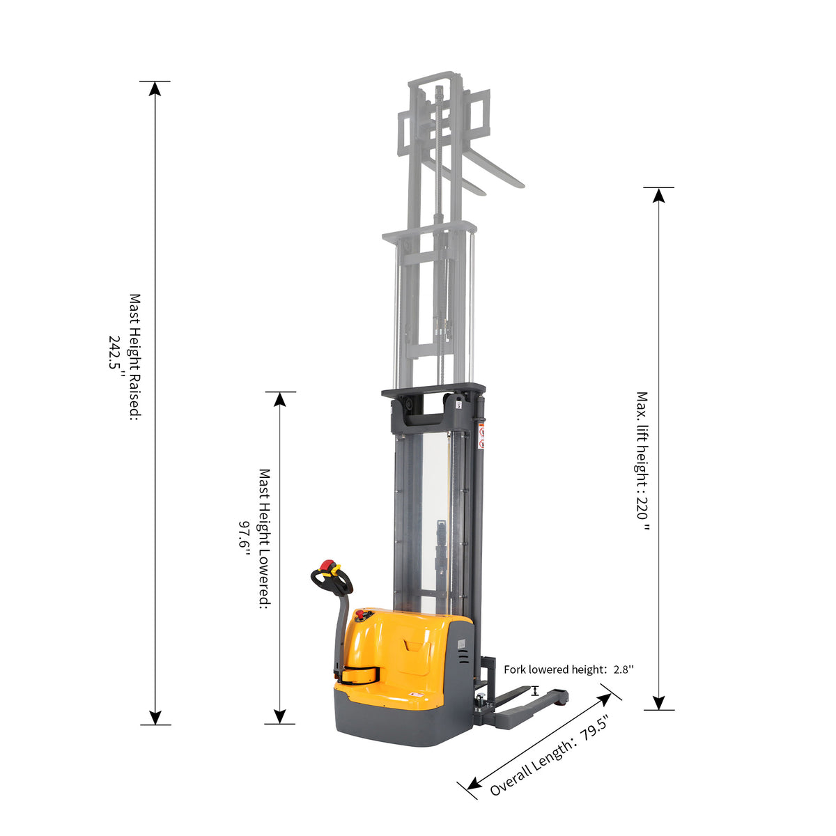 APOLLOLIFT Fully Powered Electric Pallet Stacker 3300lb Walk Behind Forklift 220" High Lift