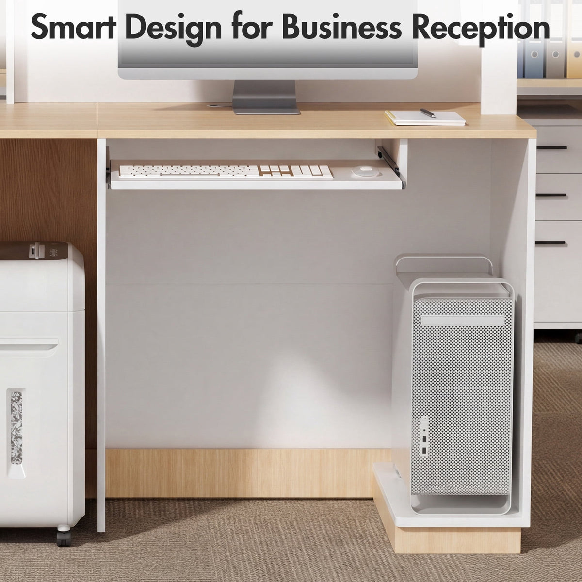 Advwin Modern Reception Desk with LED Light, 63" Fluted Front Desk with Lockable Drawer, Cabinet & Sliding Tray, Large Reception Counter Table for Office Lobby Nail Salon Clinic, White+Light Wood