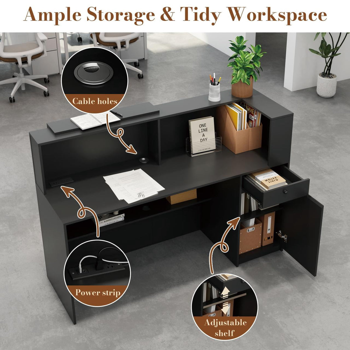 63" Modern Reception Desk with Wooden Grille Front Design, Built-in Power Outlets and Lockable Drawers for Salon, Office, Lobby or Retail Store, Black