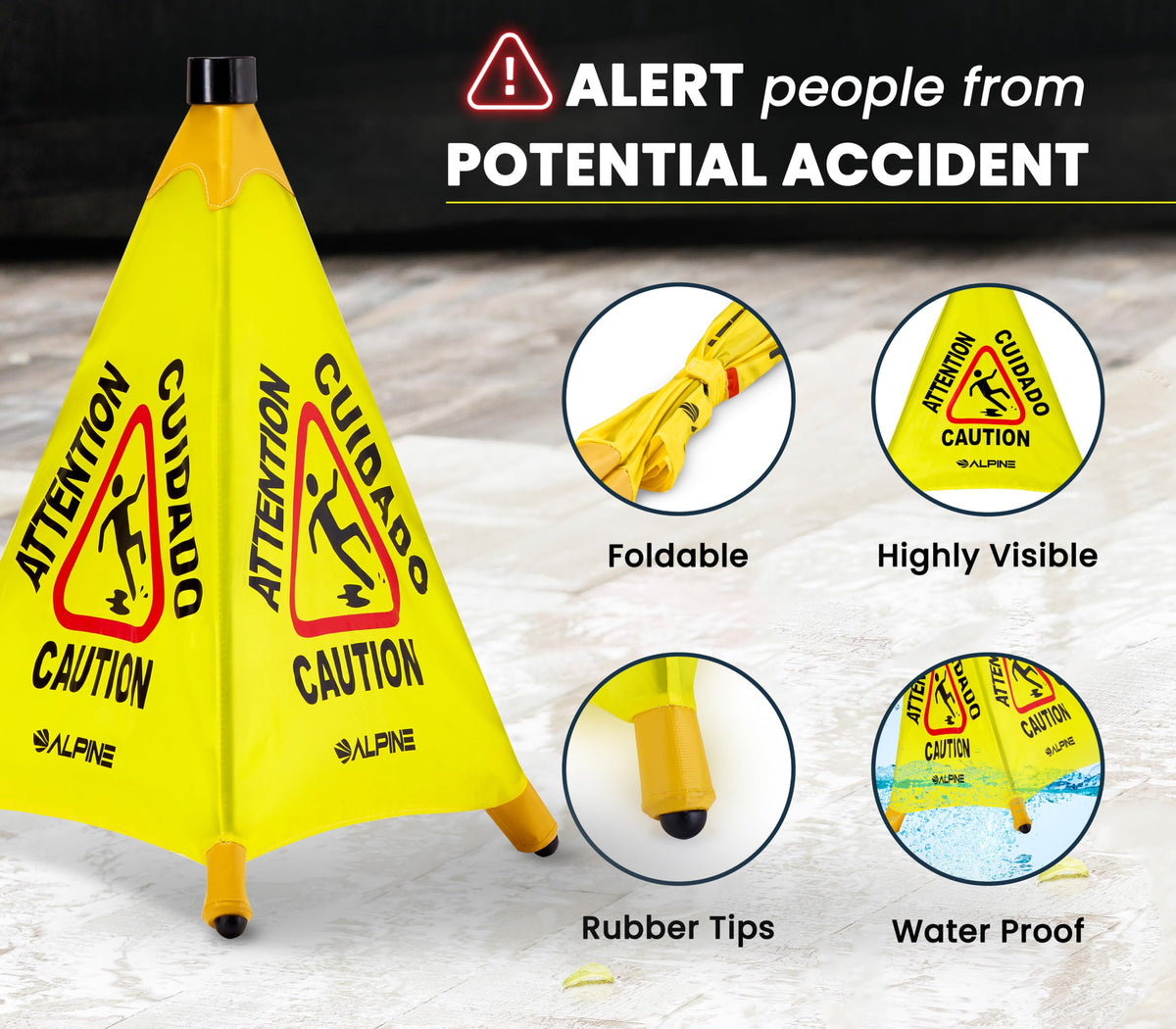 Alpine Caution Wet Floor Sign - Pop Up Slippery When Wet Sign, Wall Mounted Foldable Bilingual Yellow Safety Warning Cone For Commercial & Office Use (20 Inches)