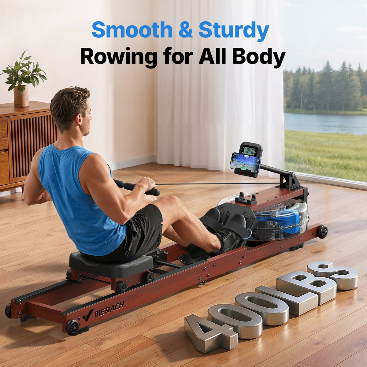 MERACH Water Rowing Machines for Home, Foldable Row Machine with 400LBS Weight Capacity, Dedicated Monitor and Comfortable Seat, Free MERACH App for Immersive Water Rower