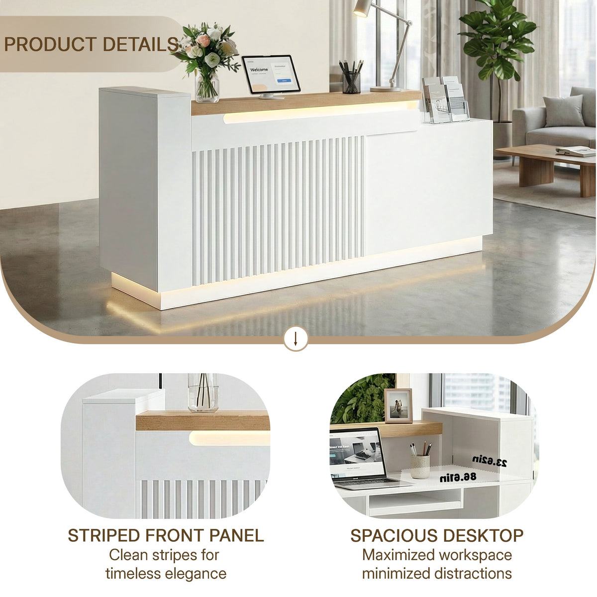 63" White L-Shaped Reception Desk with Left Counter, Modern Front Desk with Built-in Power Outlets, Locking Drawers & LED Lights for Office, Salon & Retail