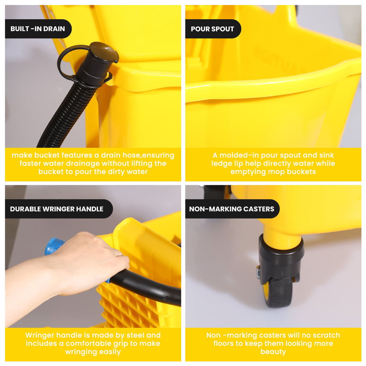 35-Qt Commercial Mop Bucket with Side Press Wringer Floor Cleaning Rectangular Mop Bucket on Wheels, Yellow, Including Mop and Mop Head Replacement