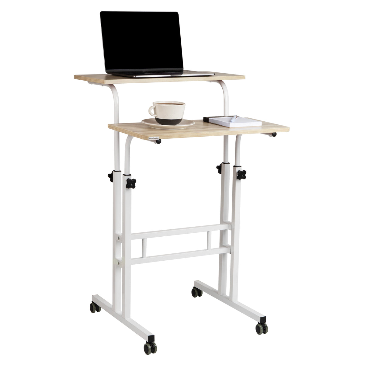 Mind Reader Standing Desk, Adjustable Height Laptop Workstation, Portable Rolling Desk on Wheels, Two-Tier Metal Frame, White