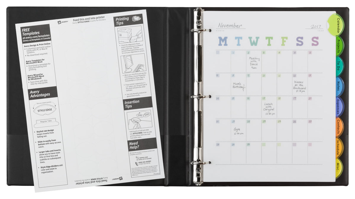 Avery Insertable Divider, Style Edge, 8-Tab, Plastic, Printable Inserts, Multicolor Tabs, 1 Set