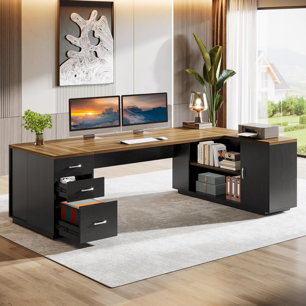 Tribesigns 85.8" L-Shaped Executive Desk, Extra Large Office Desk with File Drawers, Modern Business Furniture with Door Cabinet, Shelves for Home Office, Brown & Black