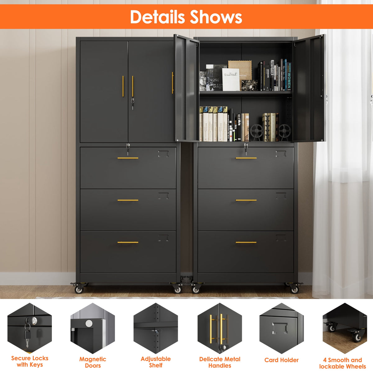 Aobabo 3 Drawer Metal Lateral File Cabinet with Wheels & Shelf , Wide Filing Cabinet with Lock for Office,Home,School,Garage,Fit A4/Letter/Legal File,Required-Assembly,Black