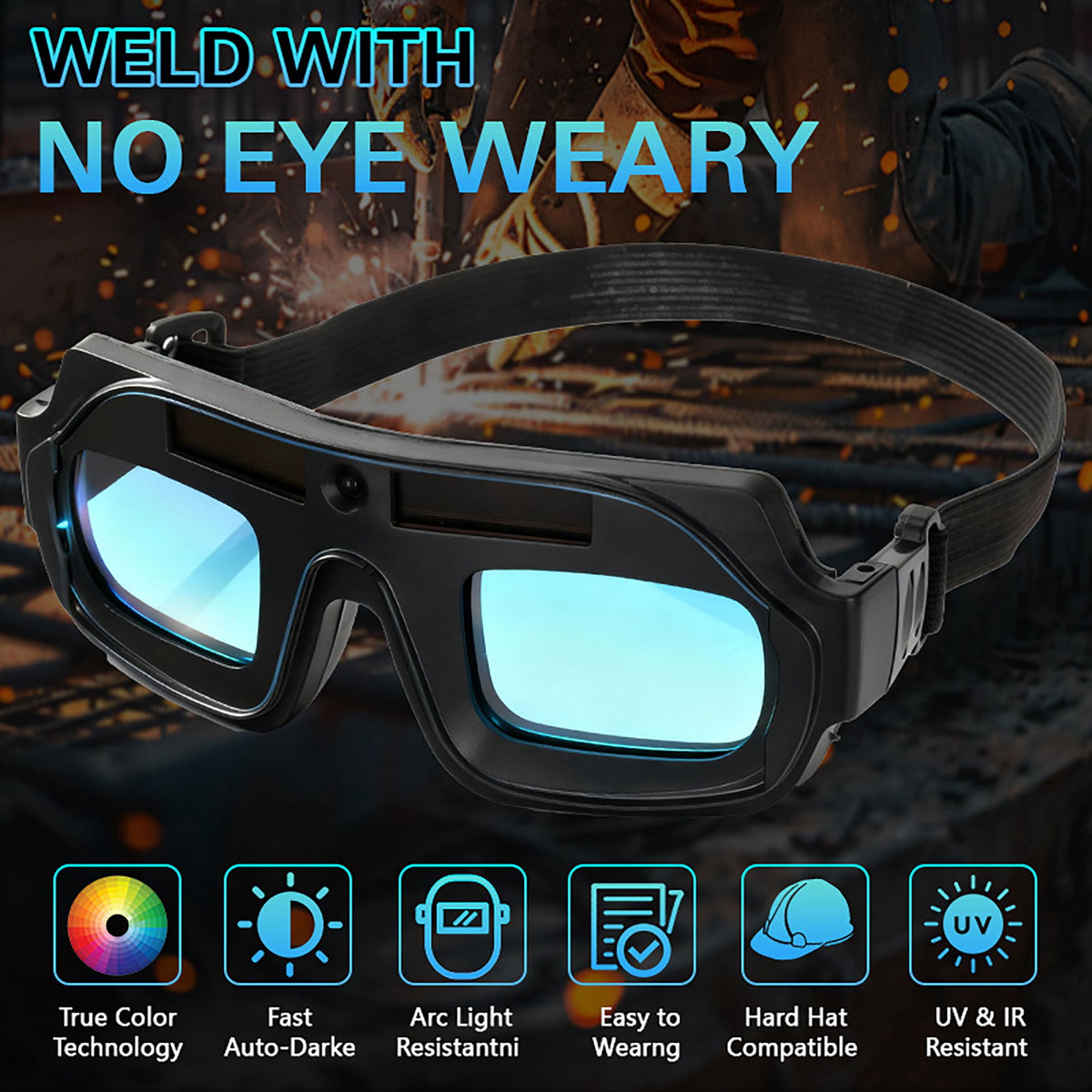 True Color Auto Darkening Welding Goggles with PC Lens, Solar Powered Welder Safety Glasses with Replacement Lenses Protective Eyewear