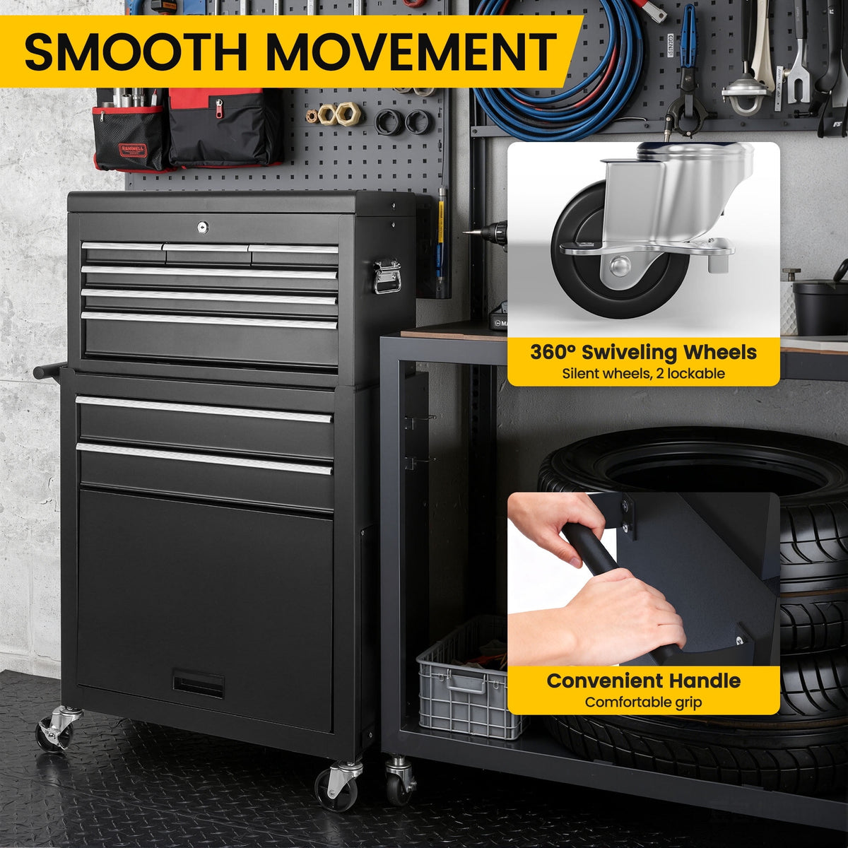 Seizeen 2-IN-1 Tool Chest & Cabinet, Large Capacity 8-Drawer Rolling Tool Box Organizer with Wheels Lockable, Black
