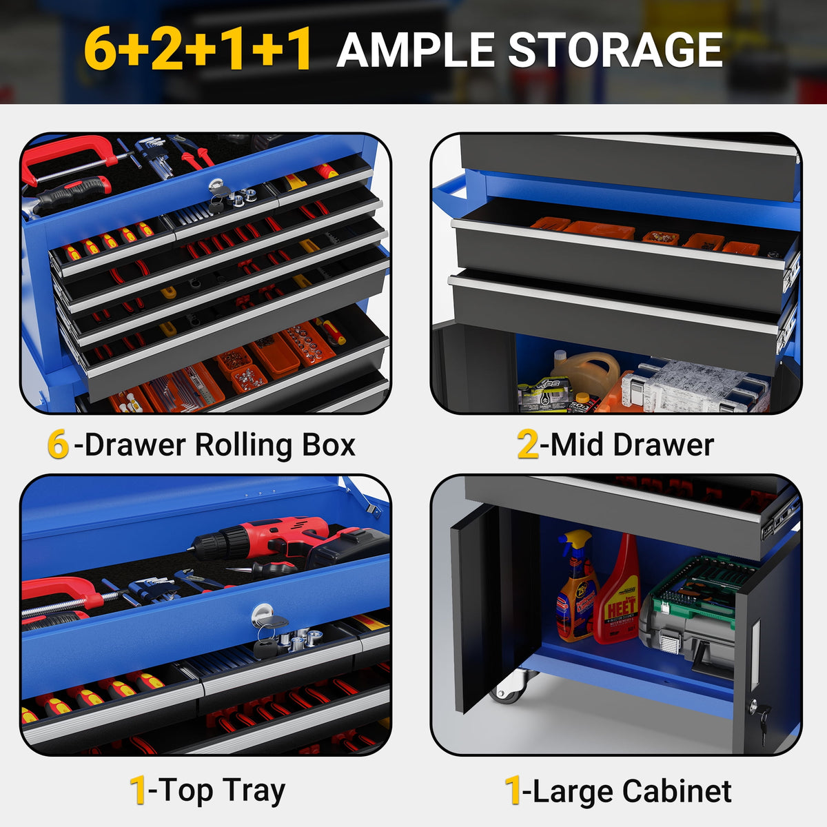 2-IN-1 Rolling Tool Chest Storage Box, Upgrade Steel Tool Box Hidden Desing, Detachable Tool Storage On Wheels W/Sliding Drawers for Workshop Garage Studio, Blue
