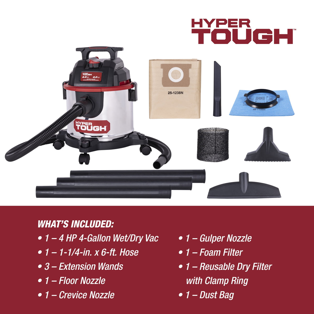 Hyper Tough 4 Gallon 4 HP Stainless Steel Wet Dry Vacuum for Home, Car, Garage & Workshop