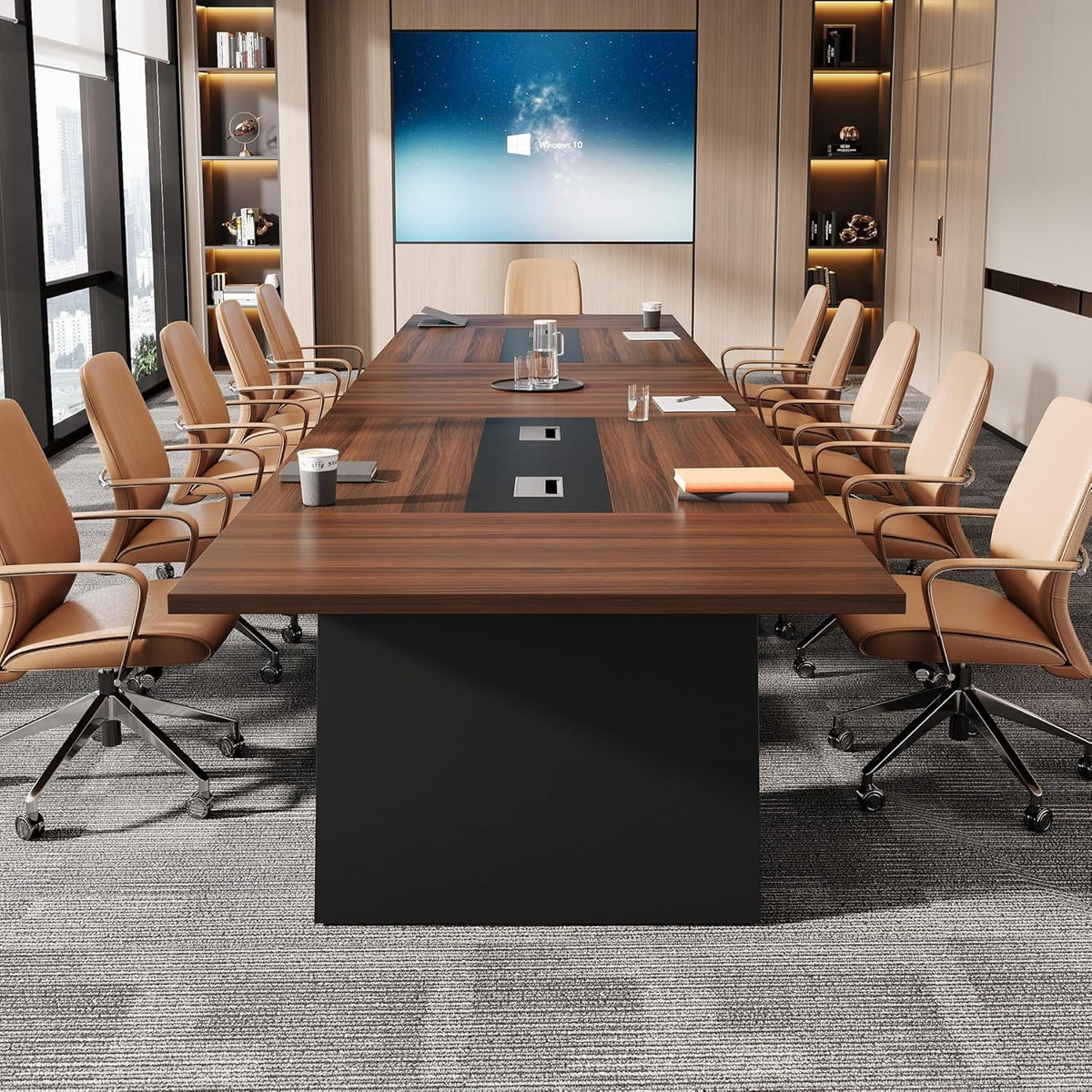 Tribesigns 8ft Conference Room Table, Modern Meeting Desk with Cable Management, Large Conference Table Business Seminar Furniture for Boardroom, Walnut and Black, 1PC
