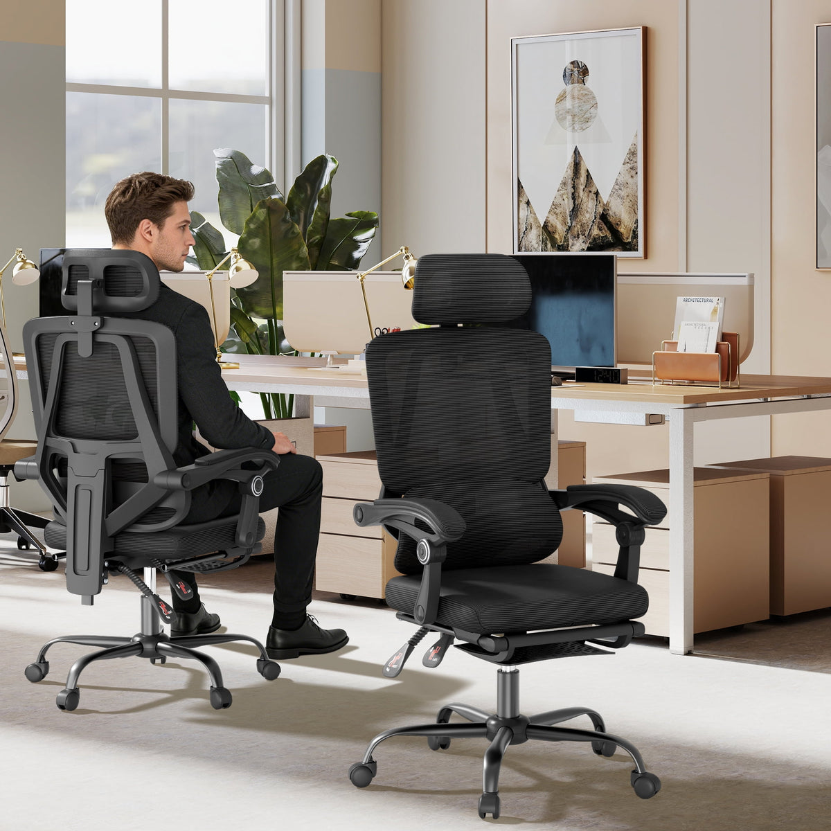 Mr IRONSTONE Ergonomic Office Chair with Footrest, High Back Mesh Computer Chair with Floating Lumbar Support and 2D Headrest, 135 Degree Reclining Desk Chair, Black