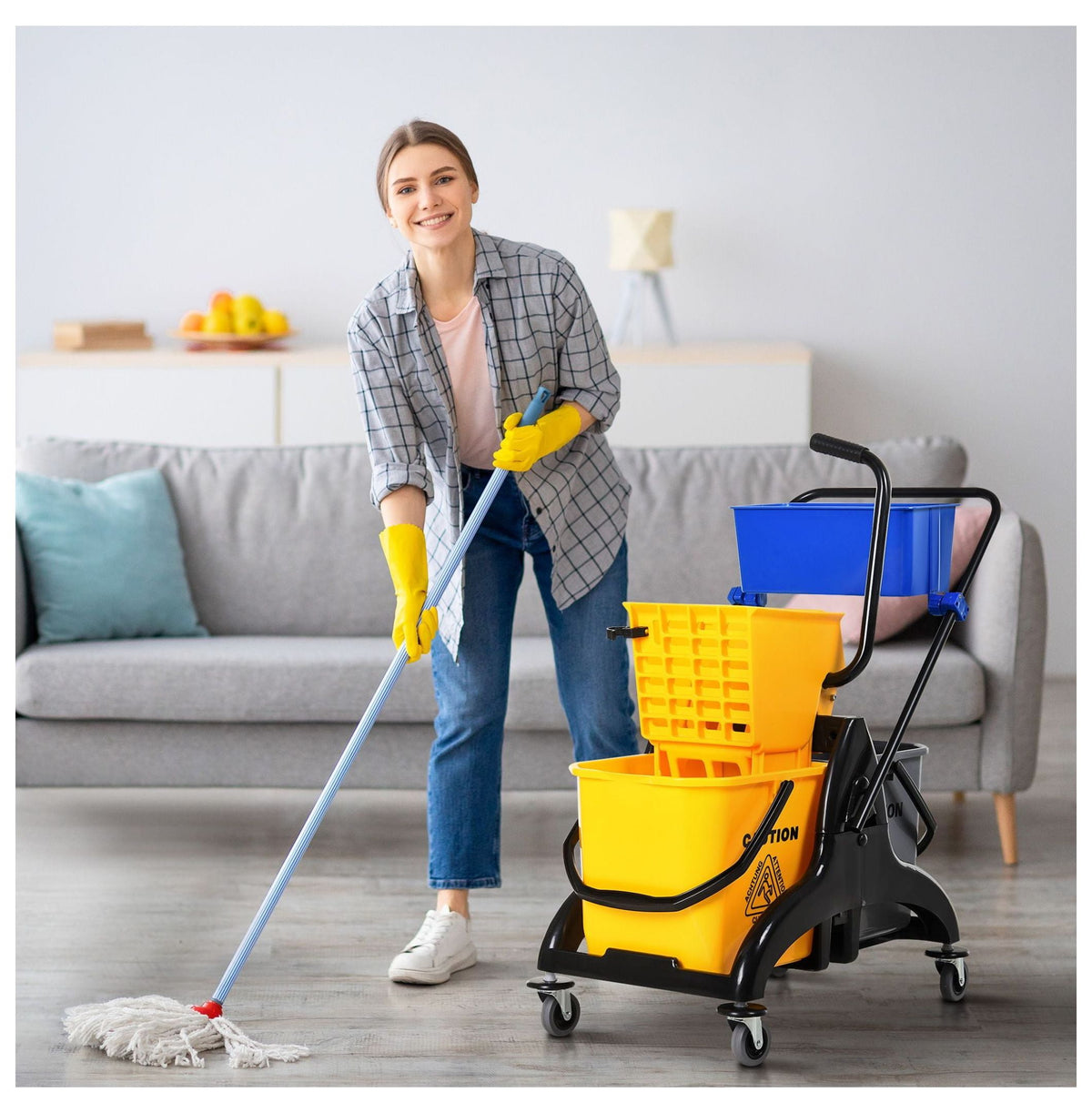 Mop Bucket with Wringer - 13.8 Gallon Commercial Mop Bucket Cart - Side Press Mop Bucket with Wheels - Heavy Duty Cleaning Bucket for Home, Office & Commercial Use