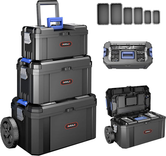 3 IN 1 Rolling Tool Box With Wheels,Stackable Modular Tool Storage Organizer & Removable Small Parts Trays for Garage Workshop Home Storage (17"+19"+21")