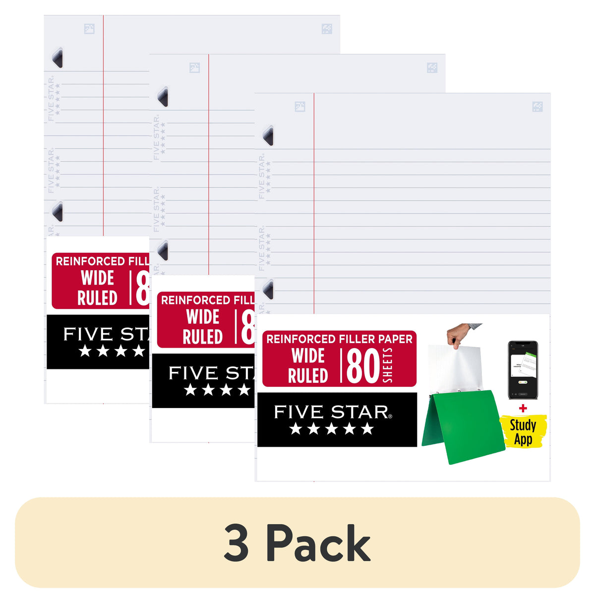 Five Star Reinforced Filler Paper Plus Study App, Wide Ruled, 8" x 10.5", 80 Sheets/Pack