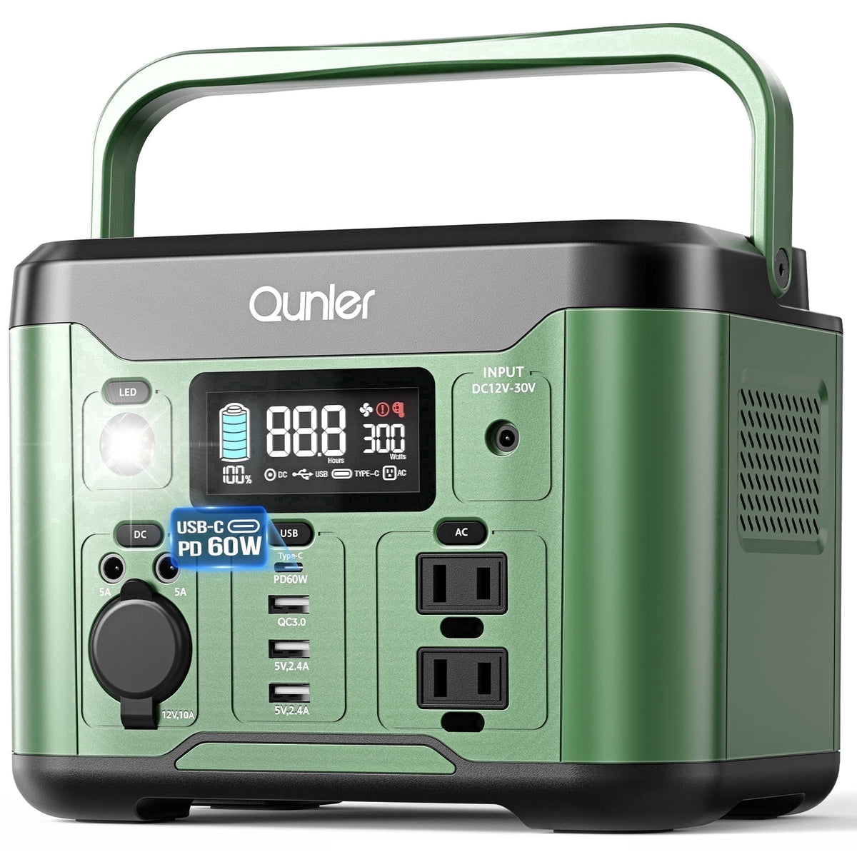 Qunler 300W 296Wh Portable Power Station, Pure Sine Wave 120V AC Outlet, 60W USB-C PD Backup Power Supply for Camping & Emergency，Green