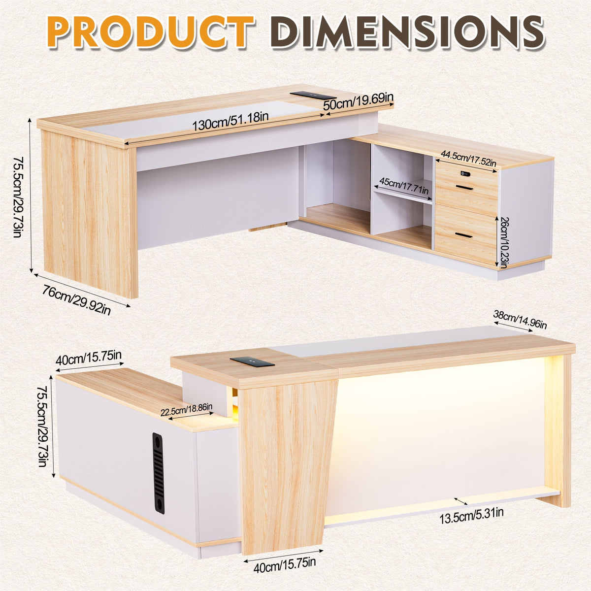 STICCIO L-Shaped Reception Desk with RGB LED Lights, 3 AC Outlets, USB-C and Combination Lock Drawer, 78 x 63 inch Front Desk for Office Lobby Salon