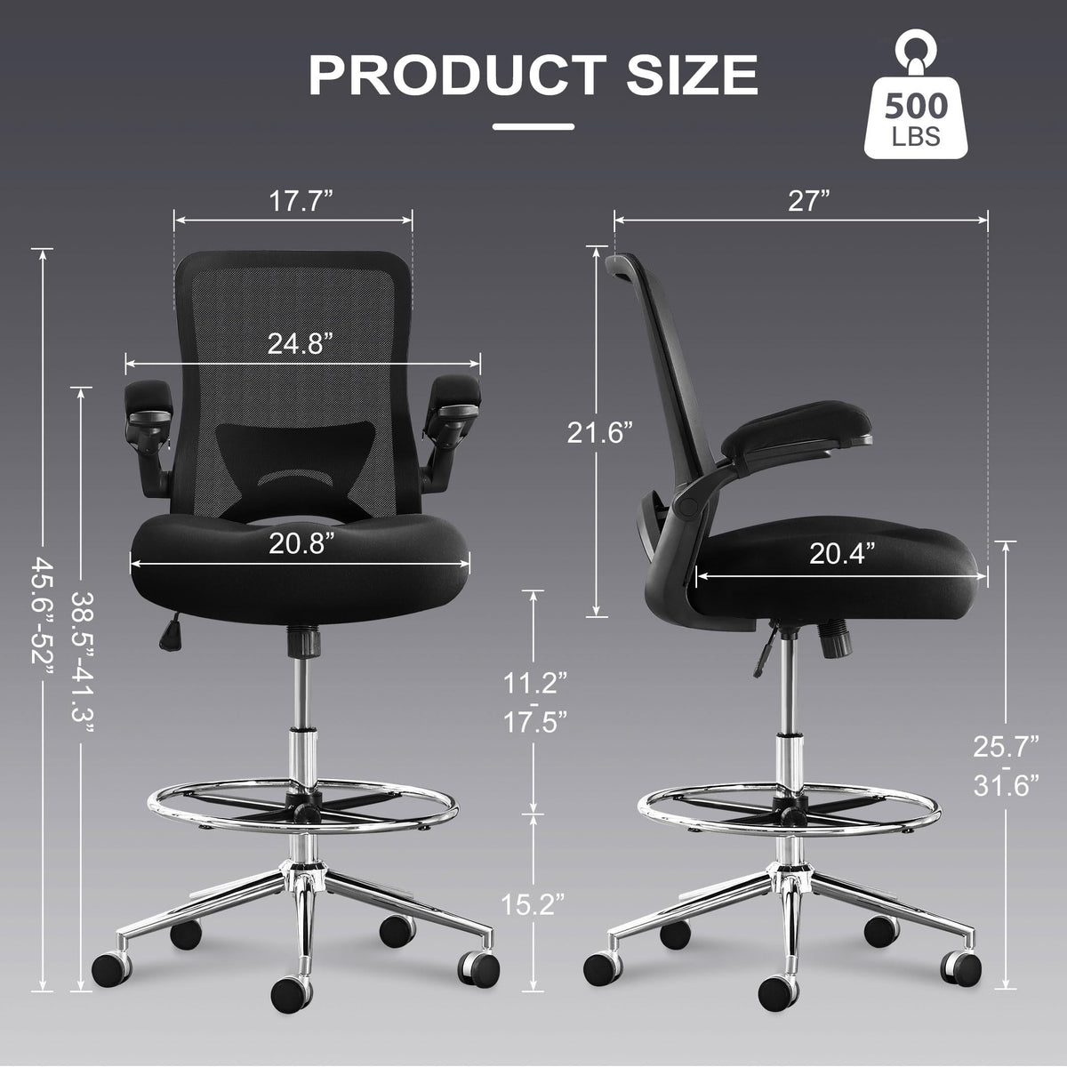 JONPONY 500lbs Big and Tall Office Chair with W-Shape Thicken Cushion, Ergonomic Office Chair with Flip-up Armrests, Breathable High Back Office Chair, Extra Wide Seat, Padded Armrests, Black