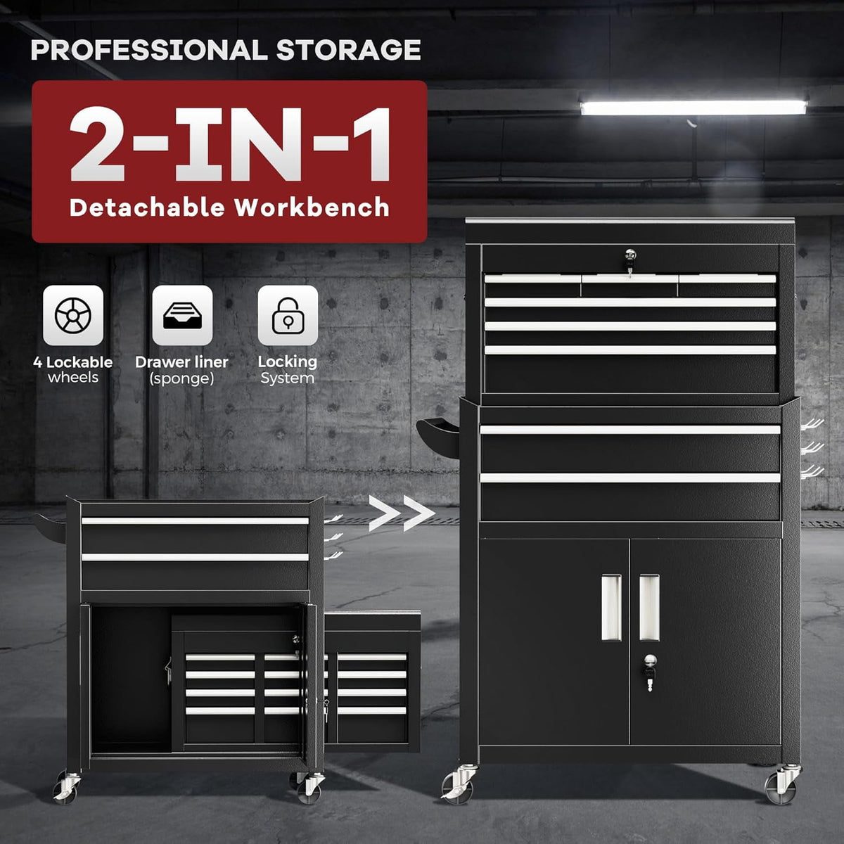 SOLAURA 8-Drawer Rolling Tool Chest Metal Tool Box Lockable Storage Cabinet with Wheels, Black