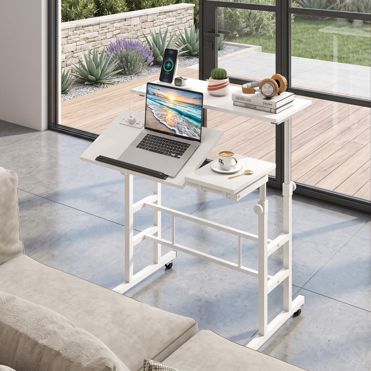 Furnibear Mobile Standing Desk Height Adjustable Computer Workstation with 2 Tilting Desktops, Rolling Sit Stand Desk with Charging Station, USB & Type-C Ports, White
