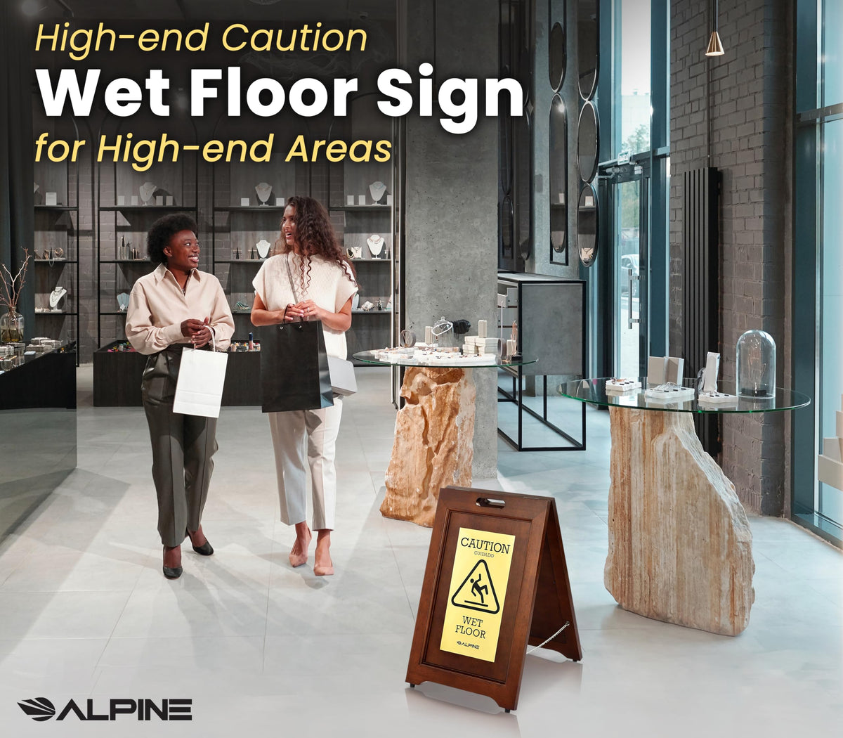 Alpine 2-Sided Wooden Brass Plated Wet Floor Sign - A-Frame Warning Notice - Double Sided Fold Out Bilingual Floor Safety Alert Ideal for High End Commercial Use
