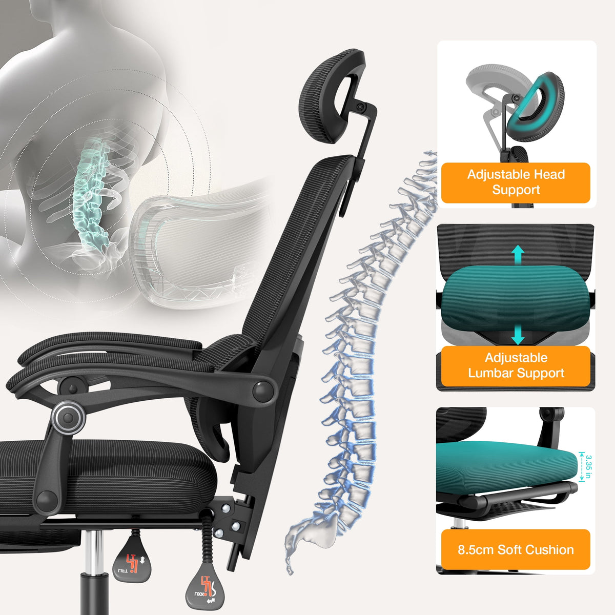Mr IRONSTONE Ergonomic Office Chair with Footrest, High Back Mesh Computer Chair with Floating Lumbar Support and 2D Headrest, 135 Degree Reclining Desk Chair, Black