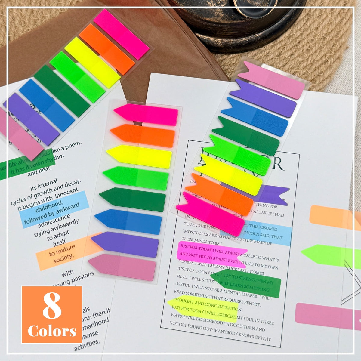 600 Pcs Page Markers Sticky Tabs, Translucent Flags Arrow Fishtail Shapes, 8 Colors per Shape, 3 Packs of 600, Self-Stick Index Tabs