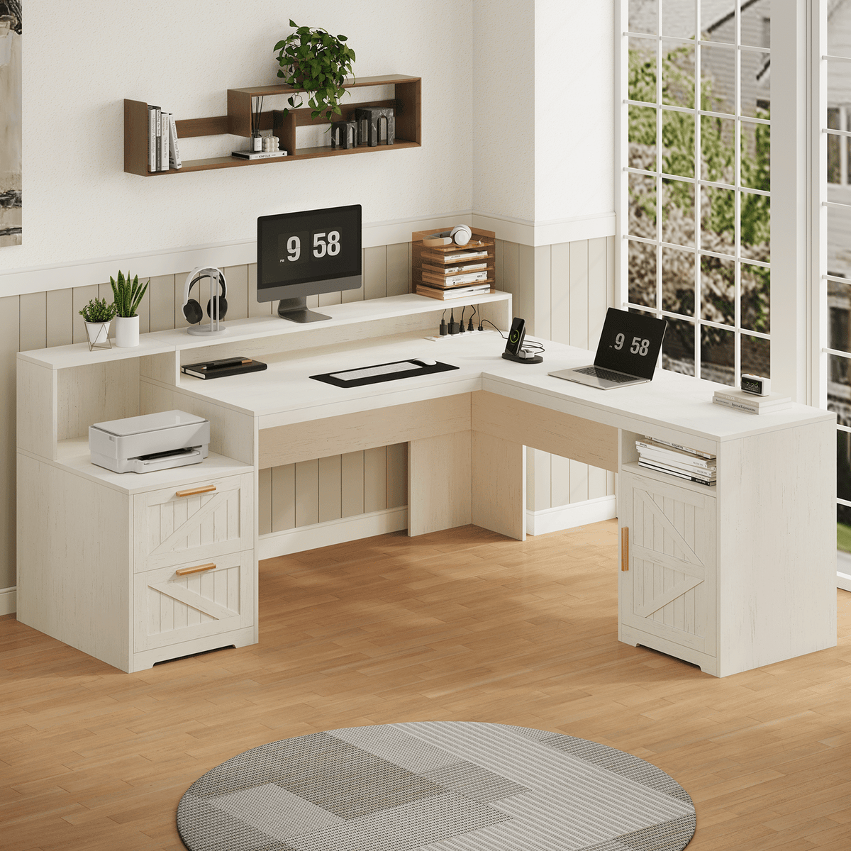 63" Farmhouse L Shaped Executive Desk with Drawers & Storage Shelf, Corner Computer Desk with Power Outlets, L Shaped Office Desk with Monitor Stand, Printer Shelf, White