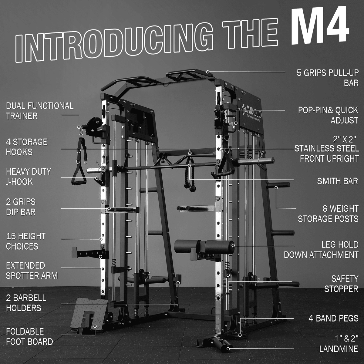 Mikolo Smith Machine Home Gym, 2200 lbs Power Rack Cage with Cable Crossover, Power Rack with 1200LB Capacity Adjustable Weight Bench and 230 lbs Weight Plate, Total Body Strength Training Equipment