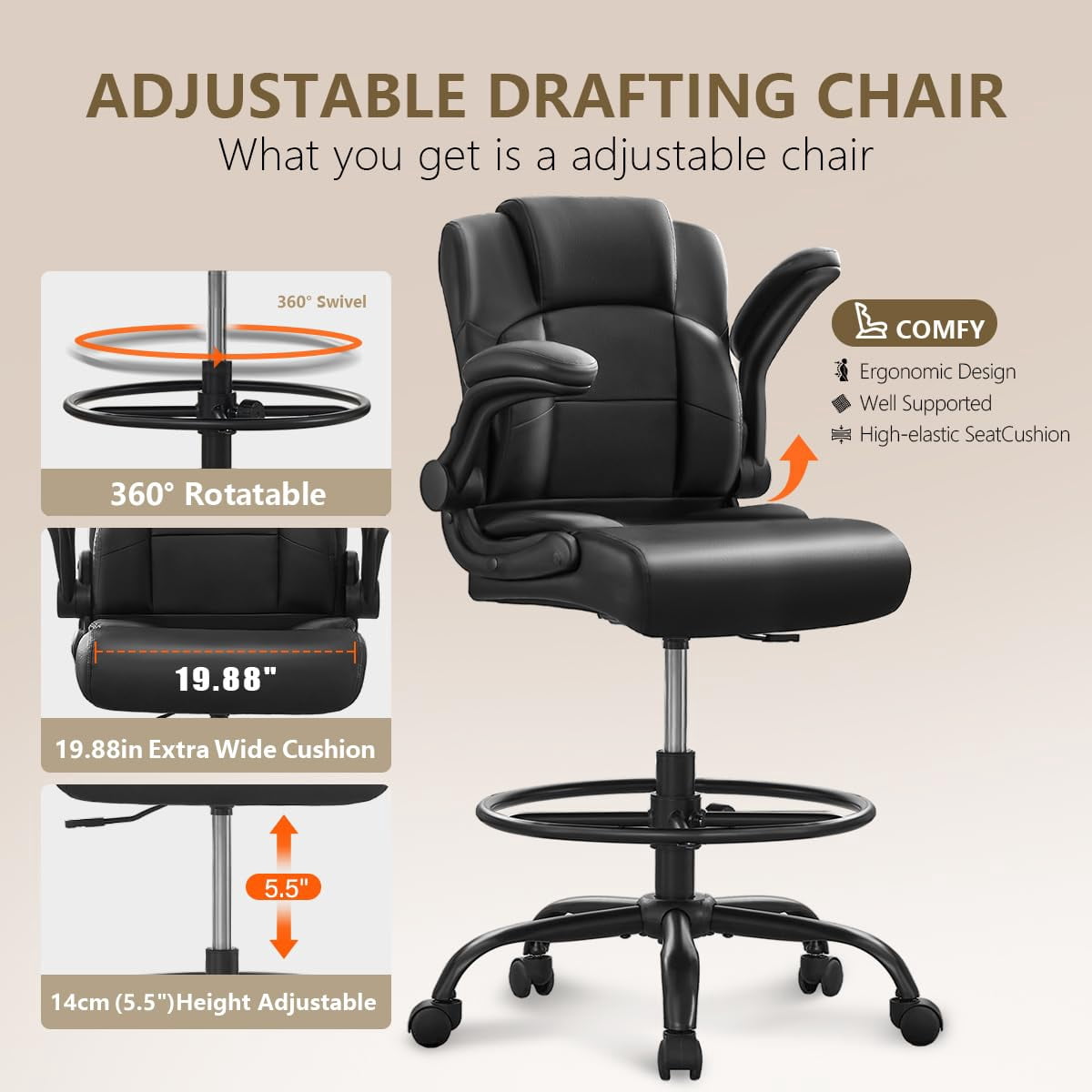 Fantasylab Tall Office Chair for Standing Desk, High Executive Leather Ergonomic Computer Chair with Adjustable Height and Flip-Up Armrest for Counter Height Desk, Black