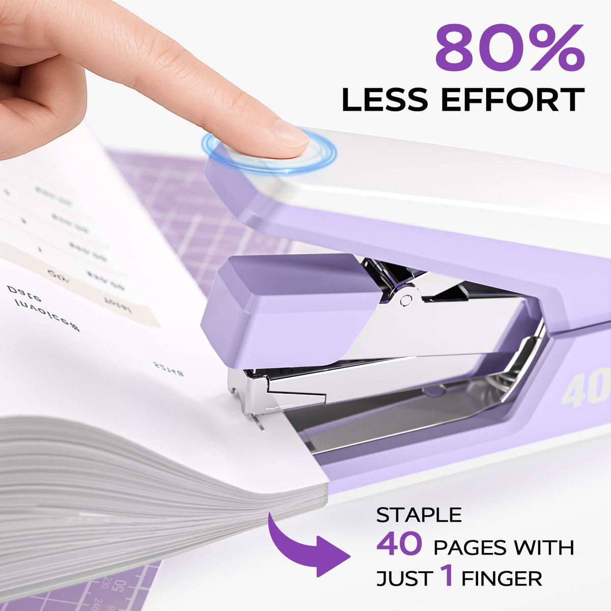Marsrock Effortless Stapler for Desk,40-50 Sheet Capacity, 2000 Staples, 1-Touch Stapling,Heavy Duty and Magnetic Staple Remover, Purpler