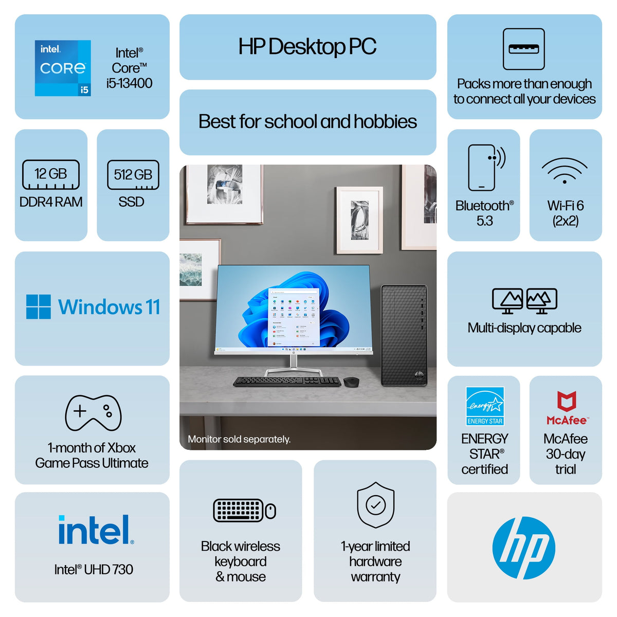 HP Desktop Computer, Core i5-13400, 12GB, 512GB SSD, Black, M01-F3003W