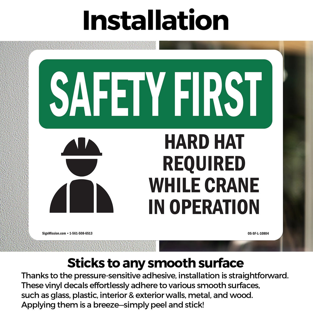 Hard Hat Required Crane Operation OSHA SAFETY FIRST Vinyl Decal Label 7 Inch x 5 Inch - 10 Pack