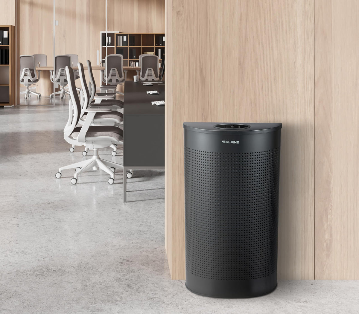 Alpine Half Round Trash Can Open Top - Modern Black Metal 12 Gallon Trash Can, Space Saving Indoor Commercial Trash Can, Perfect for Bathroom, Office, Lobby and Business.