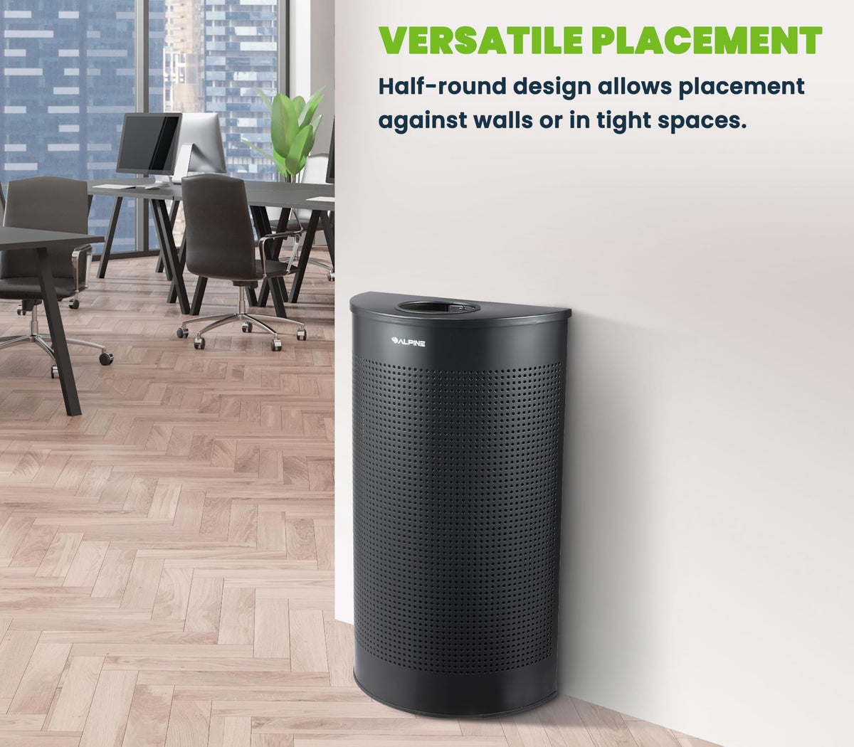 Alpine Half Round Trash Can Open Top - Modern Black Metal 12 Gallon Trash Can, Space Saving Indoor Commercial Trash Can, Perfect for Bathroom, Office, Lobby and Business.